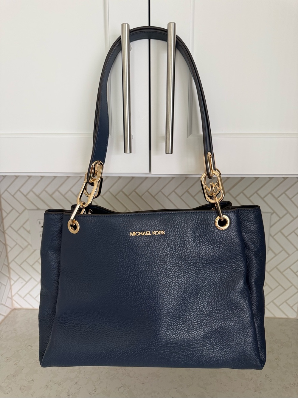 Michael Kors Navy Pebbled Leather Shoulder Bag with Gold Hardware